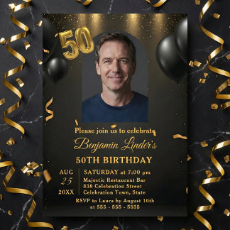 Black Balloons & Gold Confetti Photo 50th Birthday Einladung