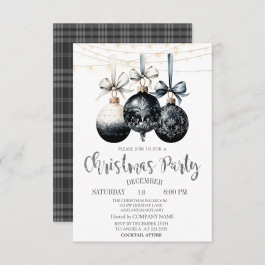 Black Balls,Lights,Buffalo Plaid Christmas Party Einladung (Vorne/Hinten)