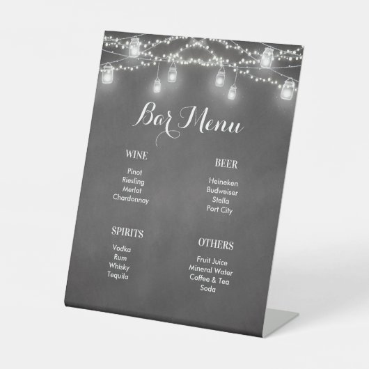 Black Bar Menu White String Lights Wedding Sockelschild (Vorderseite)