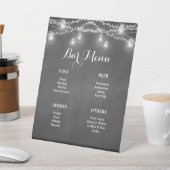 Black Bar Menu White String Lights Wedding Sockelschild (In SItu)
