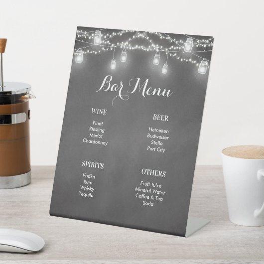 Black Bar Menu White String Lights Wedding Sockelschild (In SItu)
