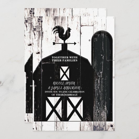 Black Barn White Wood Rustic Farmhouse Hochzeit Einladung (Vorne/Hinten)
