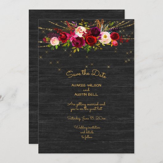 Black Barnboard String Lights Burgundy Rose Save The Date (Vorne/Hinten)