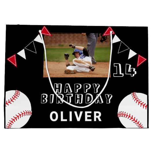 Black Baseball Bunting Flags Foto Geburtstag Große Geschenktüte (Rückseite)
