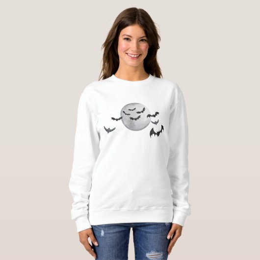 Black Bat and Moon Black and White Halloween Sweatshirt (Vorne ganz)