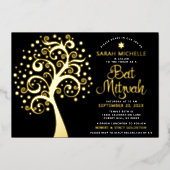 Black Bat Mitzvah Tree of Life Script Real Gold Folieneinladung (Vorderseite)