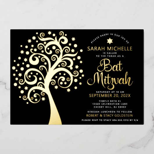 Black Bat Mitzvah Tree of Life Script Real Gold Folieneinladung (Vorderseite)