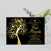 Black Bat Mitzvah Tree of Life Script Real Gold Folieneinladung (Stehend vorne)
