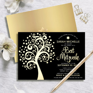 Black Bat Mitzvah Tree of Life Script Real Gold Folieneinladung