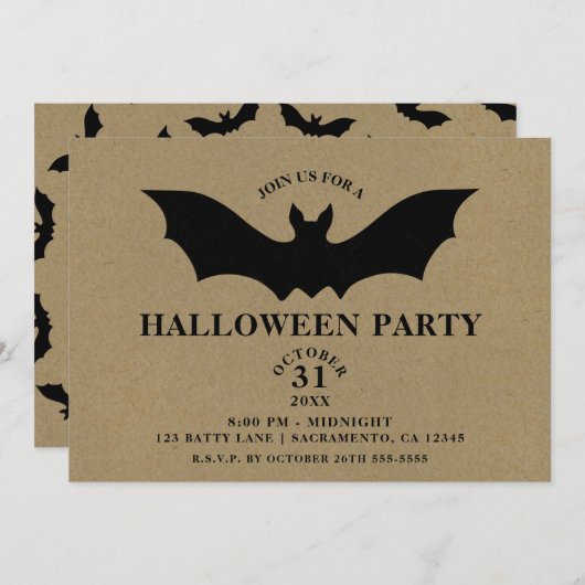 Black Bat Rustic Kraft Halloween-Party Einladung (Vorne/Hinten)