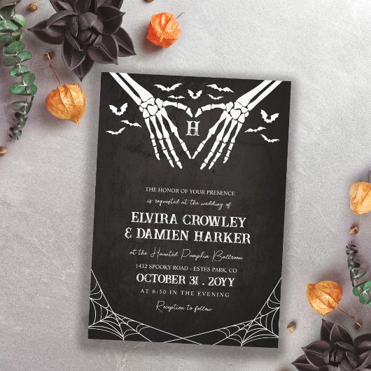 Black Bats & Skeleton Herzgoth Halloween Hochzeit Einladung
