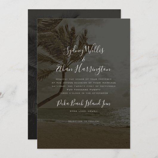 Black Beach Abend Wedding Palm Trees Einladung (Vorne/Hinten)