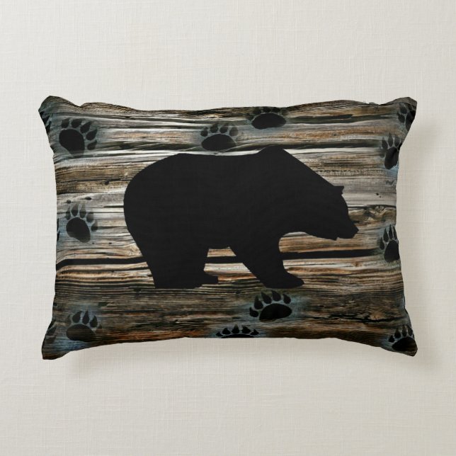 Black Bear Black Bear Paws Rustic Wood Dekokissen (Vorderseite)