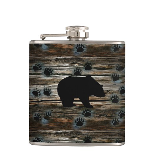 Black Bear Black Bear Paws Rustic Wood Flachmann (Vorderseite)