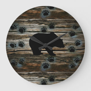 Black Bear Black Bear Paws Rustic Wood Große Wanduhr