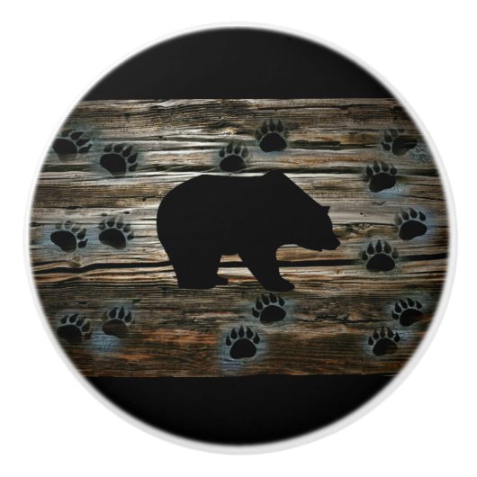 Black Bear Black Bear Paws Rustic Wood Keramikknauf (Vorderseite)