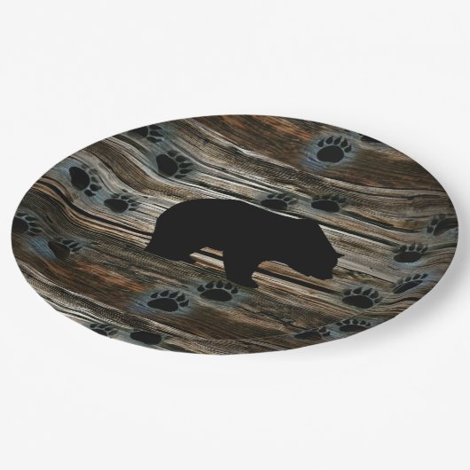 Black Bear Black Bear Paws Rustic Wood Pappteller (Schrägansicht)
