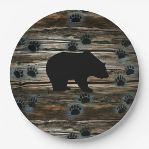 Black Bear Black Bear Paws Rustic Wood Pappteller