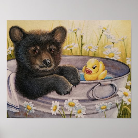 Black Bear Cub Waschen Badewanne Wasserfarbe 11x14 Poster (Vorne)