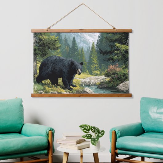 Black Bear Nature  Wandteppich Mit Holzrahmen (Wohnzimmer)