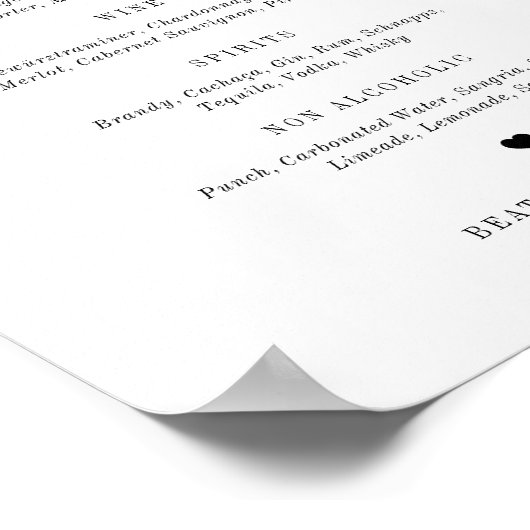 Black Beatrice Script Elegant Wedding Bar Menu Poster (Ecke)