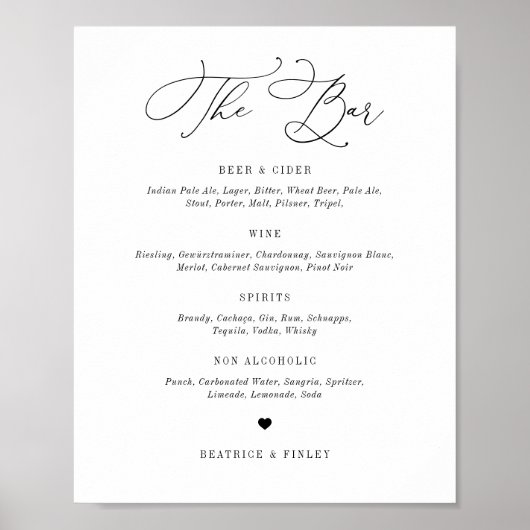 Black Beatrice Script Elegant Wedding Bar Menu Poster (Vorne)