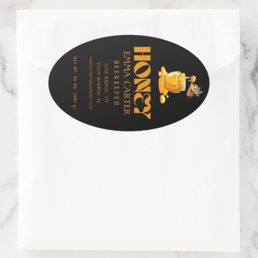 Black Bee Honey Label Metallic Gold Text Ovaler Aufkleber (Tasche)