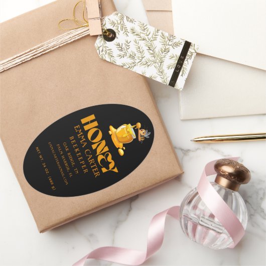 Black Bee Honey Label Metallic Gold Text Ovaler Aufkleber (Schenken)