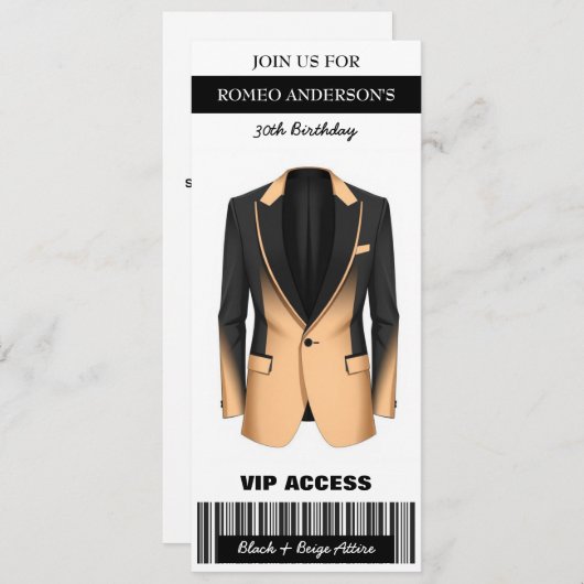 Black Beige Tuxedo Birthday Ticket Einladung (Vorne/Hinten)