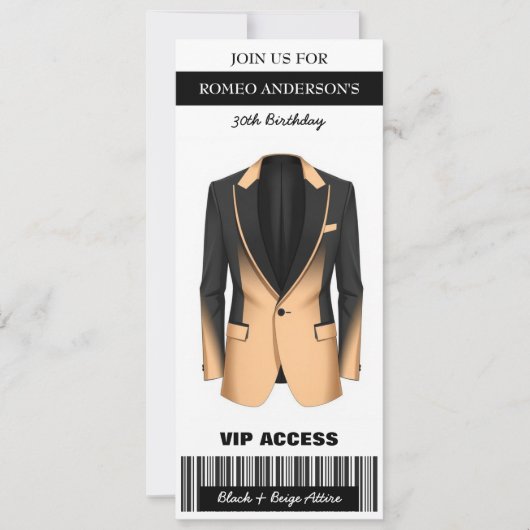 Black Beige Tuxedo Birthday Ticket Einladung (Vorderseite)