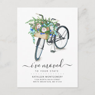 Black Bicycle Blue Floral Basket Moving Ankündigungspostkarte
