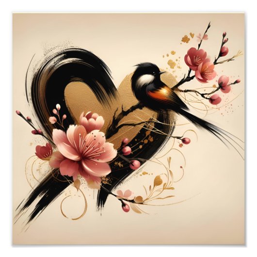 Black Bird and Cherry Blossom Heart Fotodruck (Vorne)