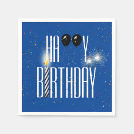 Black Birthday Balloons and Sparklers on Blue Serviette