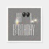 Black Birthday Balloons and Sparklers on Grau Serviette (Vorderseite)