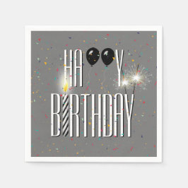 Black Birthday Balloons and Sparklers on Grau Serviette