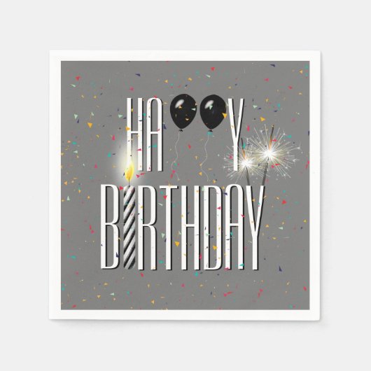 Black Birthday Balloons and Sparklers on Grau Serviette (Vorderseite)