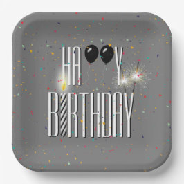 Black Birthday Balloons und Sparkler Pappteller