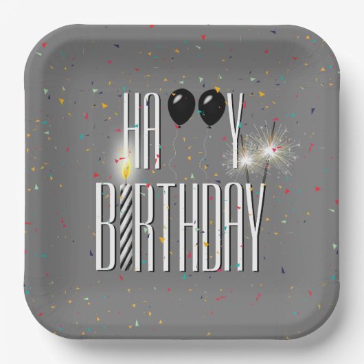 Black Birthday Balloons und Sparkler Pappteller (Vorderseite)