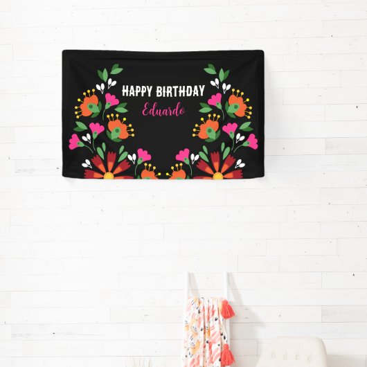 Black Birthday Blume Fiesta Mexikanische Stickerei Banner (InSitu)
