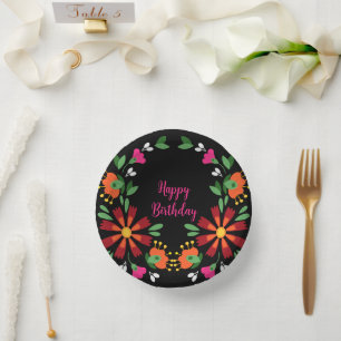 Black Birthday Blume Fiesta Mexikanische Stickerei Pappteller