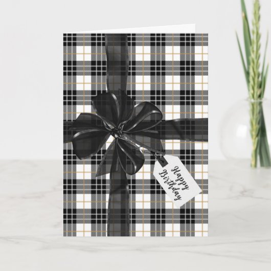 Black Birthday Bow auf Tartan Kariert Karte (Vorderseite)