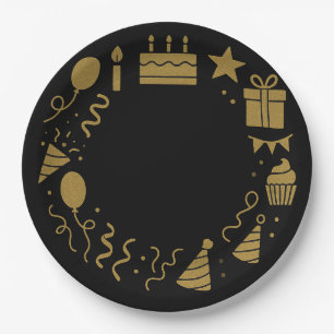 Black Birthday Luxury Gold Wreath Cake Balloons Pappteller