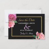 Black & Black Glitzer & Pink Roses Wedding Save The Date (Vorderseite)