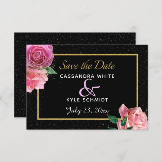 Black & Black Glitzer & Pink Roses Wedding Save The Date (Vorne/Hinten)