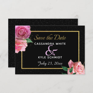 Black & Black Glitzer & Pink Roses Wedding Save The Date
