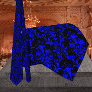 Black & Blue Acanthus Leaf Damask Floral Wedding Krawatte