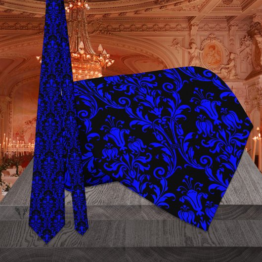 Black & Blue Acanthus Leaf Damask Floral Wedding Krawatte