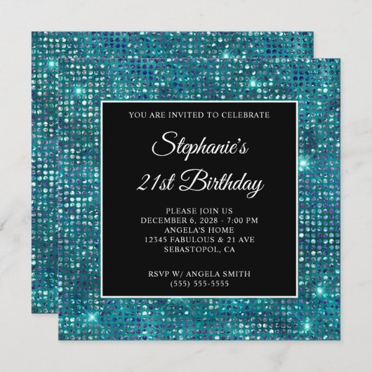 Black Blue Aquamarin Diamond Studded Foil 21. Gebu Einladung (Vorne/Hinten)