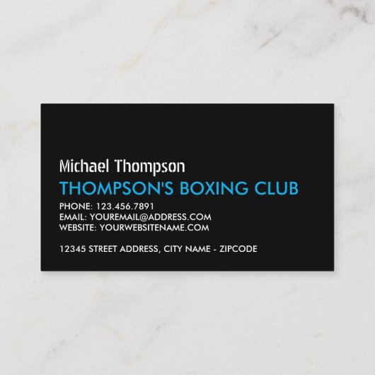 Black & Blue Boxing Boxhandschuhe, Boxer, Boxtrain Visitenkarte (Rückseite)