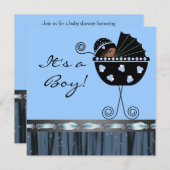 Black Blue Carriage Black Blue Baby Boy Dusche Einladung (Vorne/Hinten)